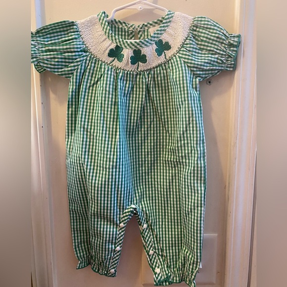 New Smocked St Patrick's Day Bubble Romper - Picture 1 of 14